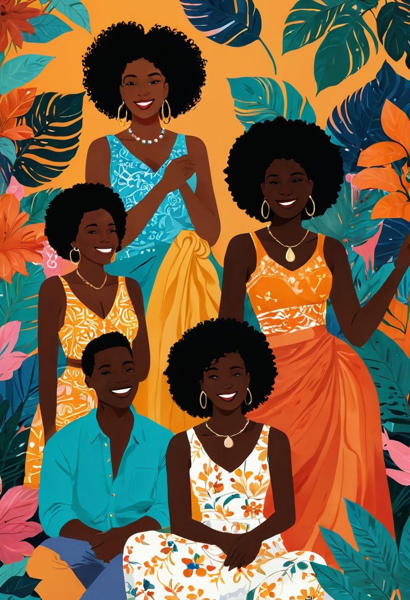 A visually striking and colorful illustration of diverse individuals within the melanin-rich community joyfully connecting and exploring intimacy in a safe, inviting space. Include elements like vibrant fabrics, soft lighting, and suggestive yet tasteful symbols of pleasure that promote joy and acceptance. Emphasize happiness through their expressions and body language, surrounded by flora and abstract patterns to create an uplifting atmosphere. vibrant colors. digital painting.