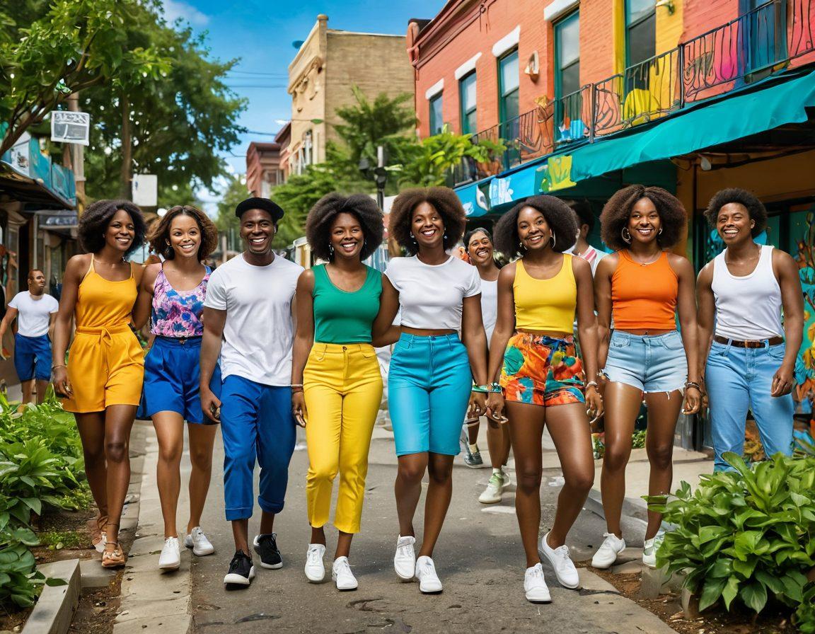 A lively scene depicting a diverse group of melanin-rich individuals engaged in playful activities in a vibrant neighborhood. The background showcases lush greenery and colorful street art, emphasizing joy and unity. Incorporate elements of nature and friendship, with smiles and laughter among participants. Brightly colored clothing adds energy to the scene while highlighting cultural expressions. super-realistic. vibrant colors. community essence.