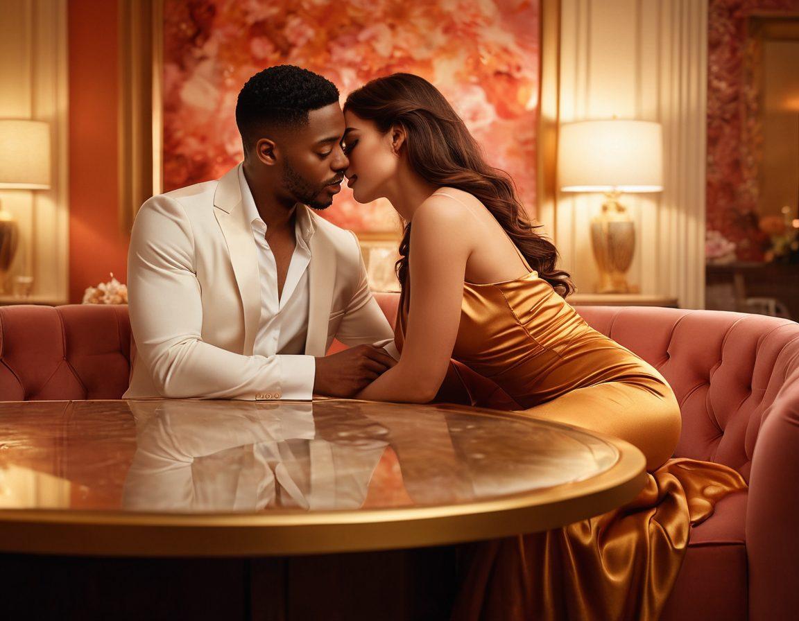 A visually captivating scene depicting diverse couples sharing intimate moments in a tastefully lit, luxurious setting. Soft, warm colors enhance the atmosphere, conveying a sense of euphoria and connection. Highlight sensual expressions and elegant decor, set against an abstract backdrop that suggests the adult entertainment landscape without being explicit. Emphasize inclusivity and comfort among all individuals. super-realistic. warm tones. elegant ambiance.